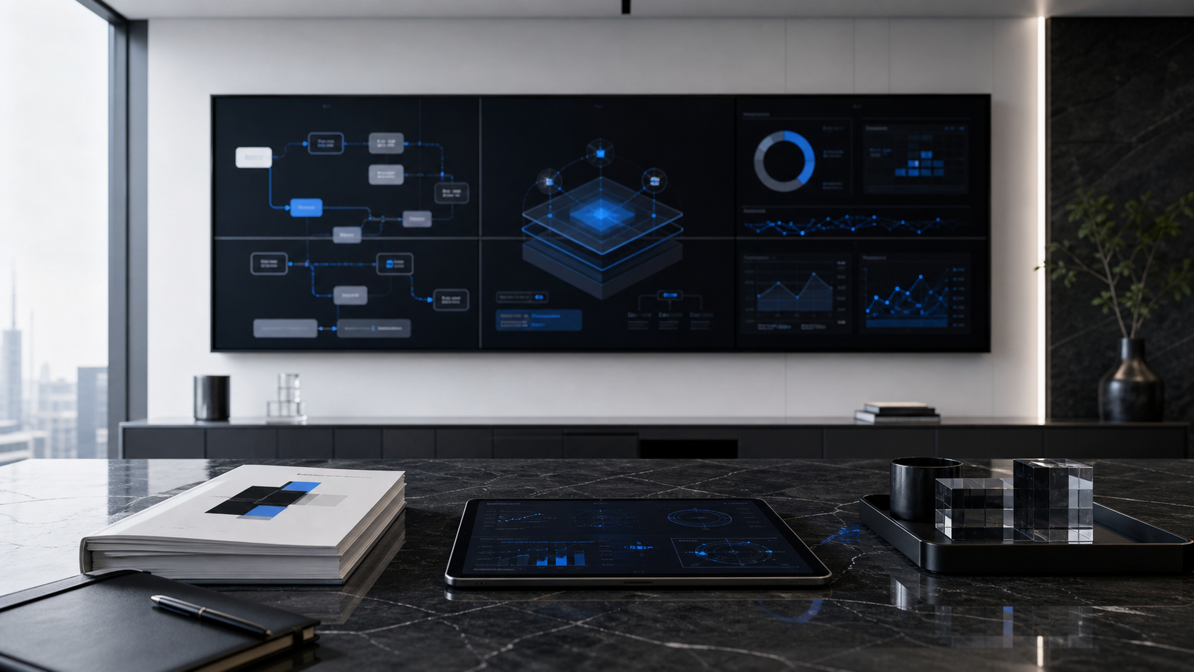 Executive operations dashboard in a premium corporate workspace